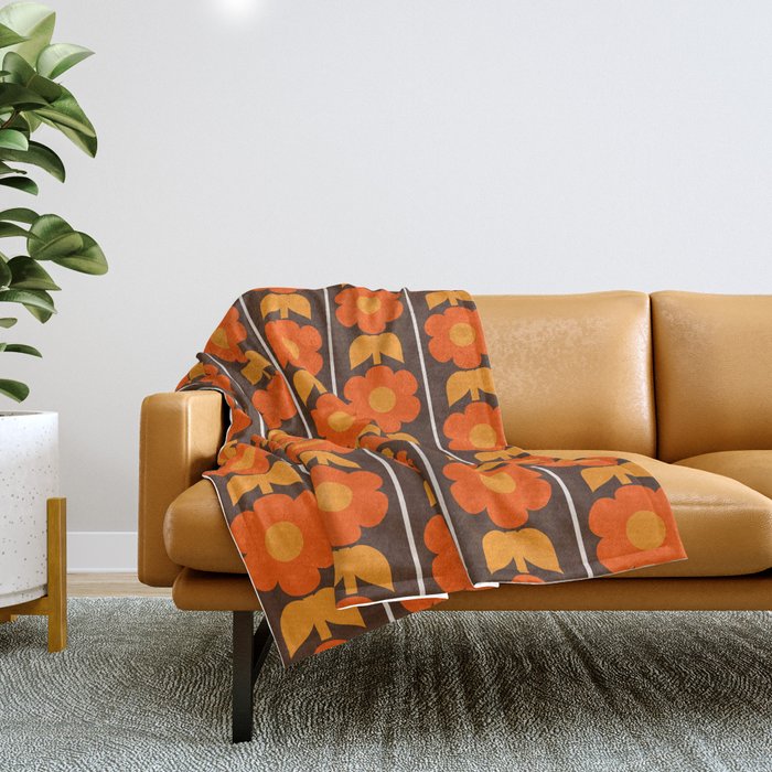 Jonnty Flowers Retro Floral Stripe Pattern in 70s Brown and Orange Throw Blanket Gallery Image 1