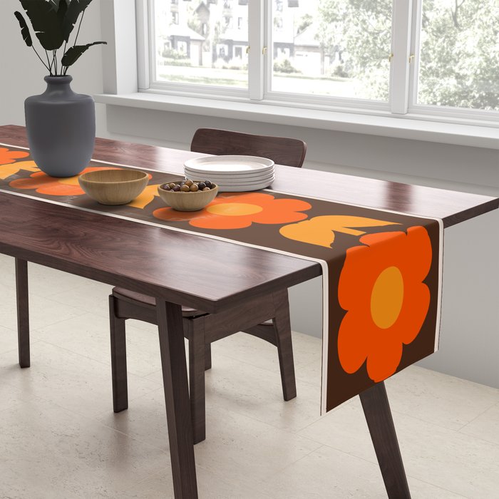 Jonnty Flowers Retro Floral Stripe Pattern in 70s Brown and Orange Table Runner Gallery Image 2