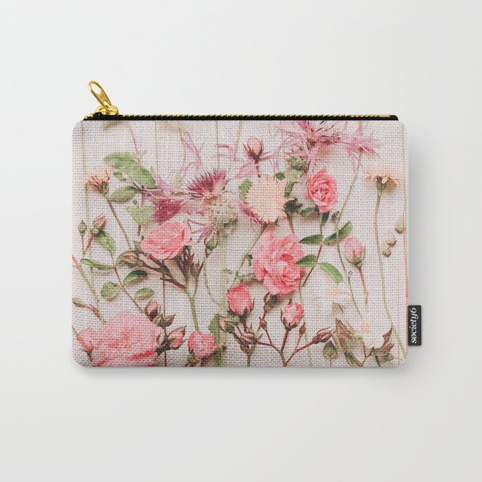 Flowers - Pastel Wildflowers and Pink Roses - Flat lay Florals Carry All Pouch Gallery Image 1