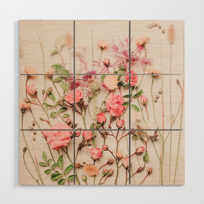 Flowers - Pastel Wildflowers and Pink Roses - Flat lay Florals Wood Wall Art Gallery Image 1