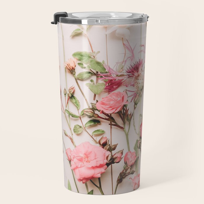 Flowers - Pastel Wildflowers and Pink Roses - Flat lay Florals Travel Mug Gallery Image 3
