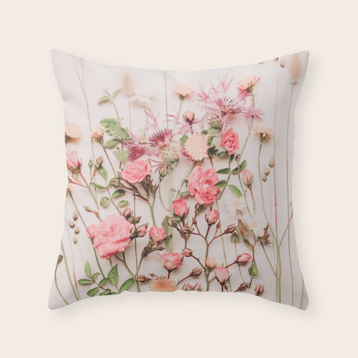 Flowers - Pastel Wildflowers and Pink Roses - Flat lay Florals Throw Pillow Gallery Image 6
