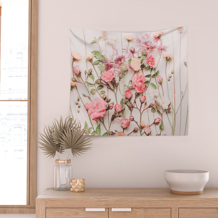 Flowers - Pastel Wildflowers and Pink Roses - Flat lay Florals Wall Tapestry Gallery Image 2