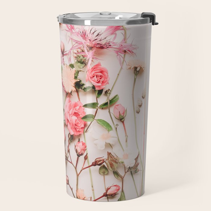 Flowers - Pastel Wildflowers and Pink Roses - Flat lay Florals Travel Mug Gallery Image 2
