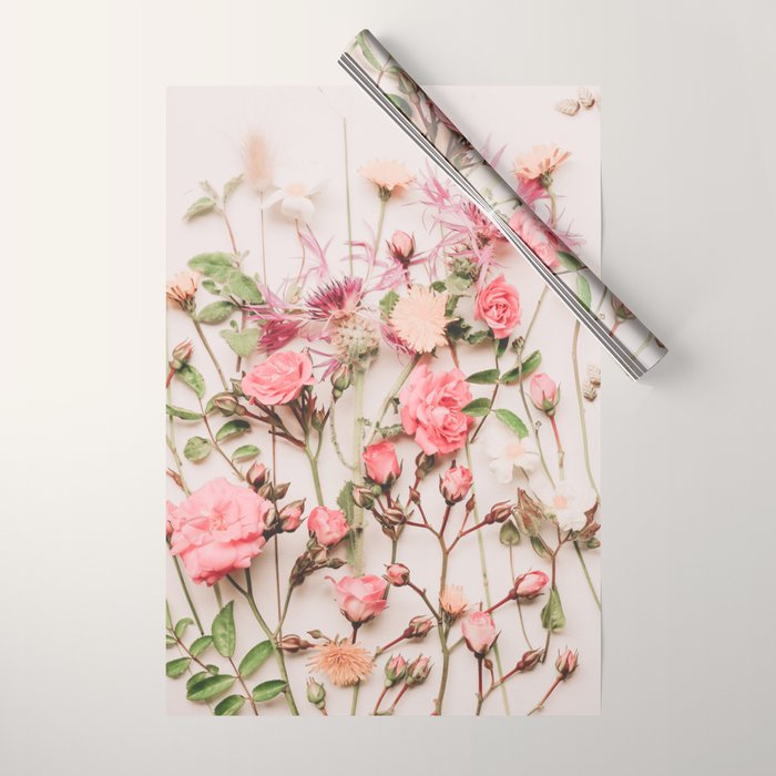 Flowers - Pastel Wildflowers and Pink Roses - Flat lay Florals Wrapping Paper Gallery Image 1