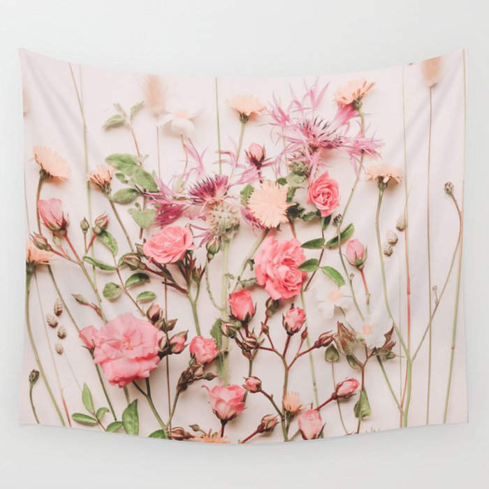 Flowers - Pastel Wildflowers and Pink Roses - Flat lay Florals Wall Tapestry Gallery Image 1