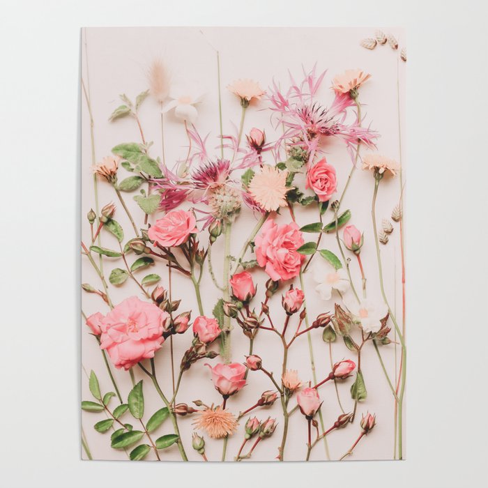 Flowers - Pastel Wildflowers and Pink Roses - Flat lay Florals Poster Gallery Image 4