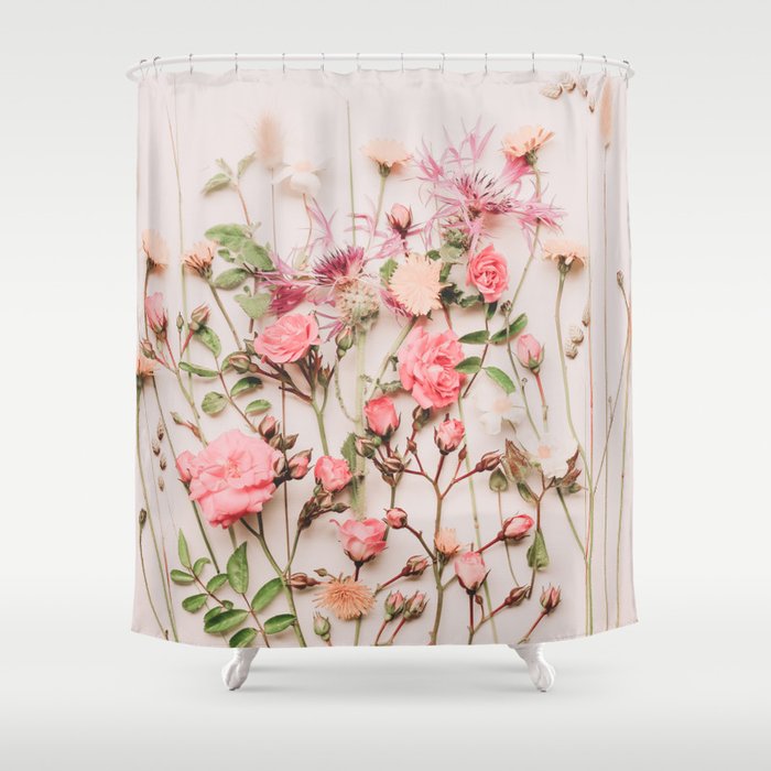 Flowers - Pastel Wildflowers and Pink Roses - Flat lay Florals Shower Curtain Gallery Image 1