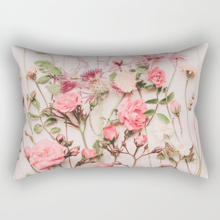 Flowers - Pastel Wildflowers and Pink Roses - Flat lay Florals Rectangular Pillow Gallery Image 2