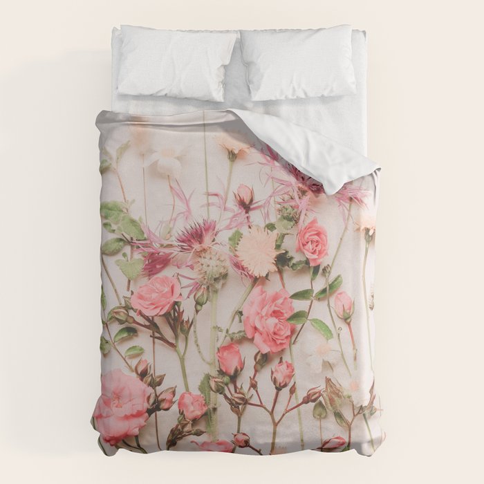 Flowers - Pastel Wildflowers and Pink Roses - Flat lay Florals Duvet Cover Gallery Image 1