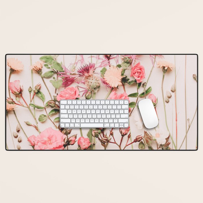 Flowers - Pastel Wildflowers and Pink Roses - Flat lay Florals Desk Mat Gallery Image 1