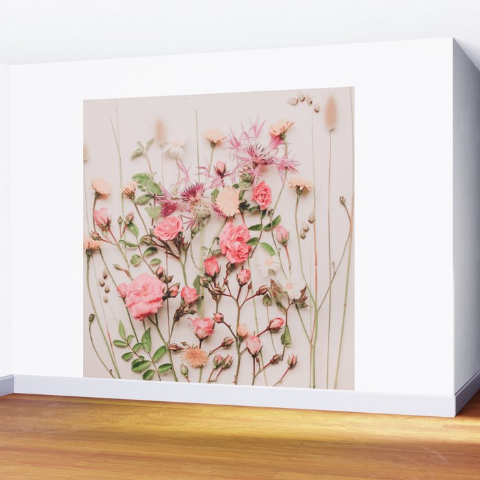 Flowers - Pastel Wildflowers and Pink Roses - Flat lay Florals Wall Mural Gallery Image 2