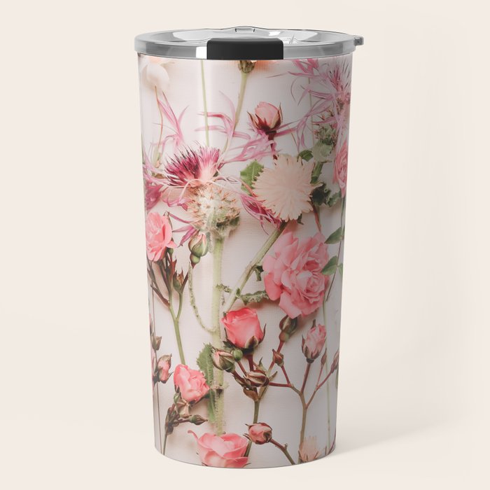 Flowers - Pastel Wildflowers and Pink Roses - Flat lay Florals Travel Mug Gallery Image 1