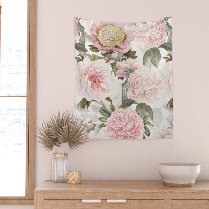 Vintage & Shabby Chic - Antique Pink Peony Flowers Garden Wall Tapestry Gallery Image 2
