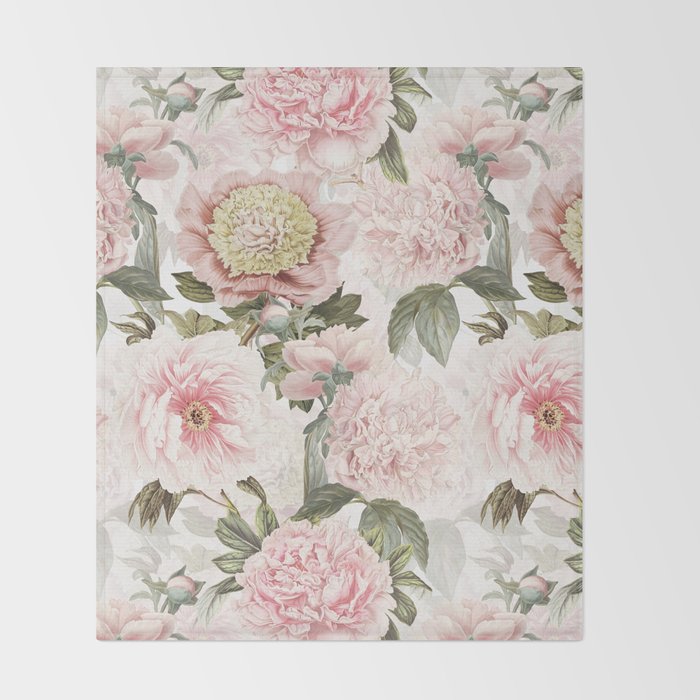 Vintage & Shabby Chic - Antique Pink Peony Flowers Garden Throw Blanket Gallery Image 2