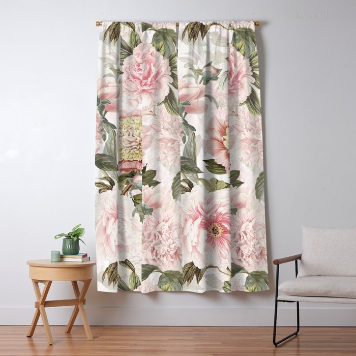 Vintage & Shabby Chic - Antique Pink Peony Flowers Garden Window Curtain Gallery Image 5