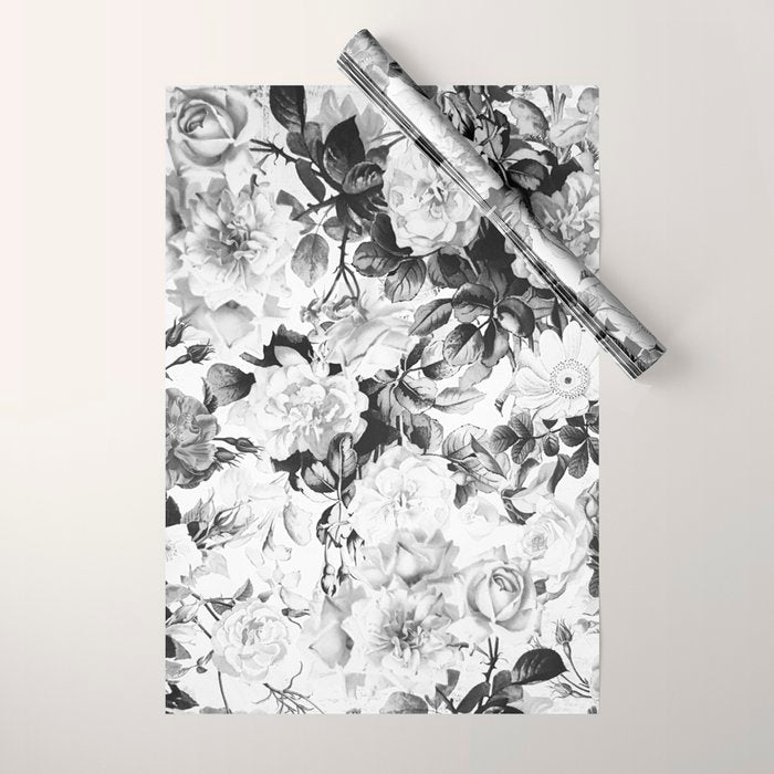 Black gray modern watercolor roses floral pattern Wrapping Paper Gallery Image 1