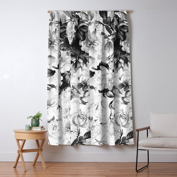 Black gray modern watercolor roses floral pattern Window Curtain Gallery Image 5