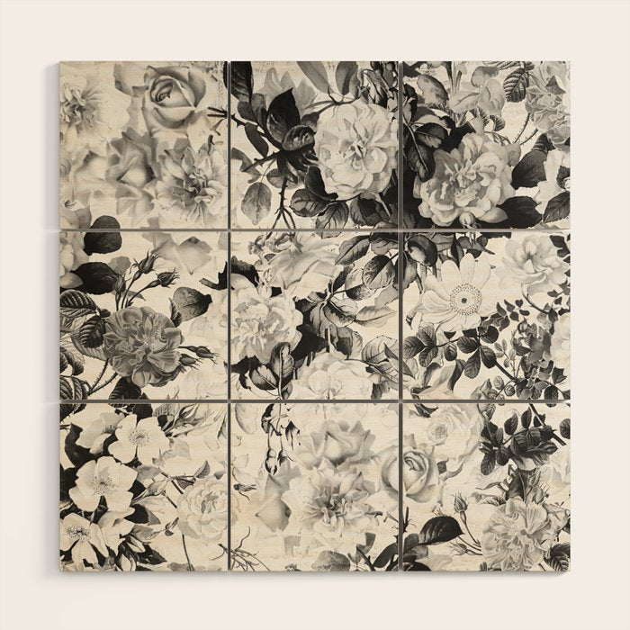 Black gray modern watercolor roses floral pattern Wood Wall Art Gallery Image 1