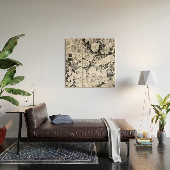 Black gray modern watercolor roses floral pattern Wood Wall Art Gallery Image 2