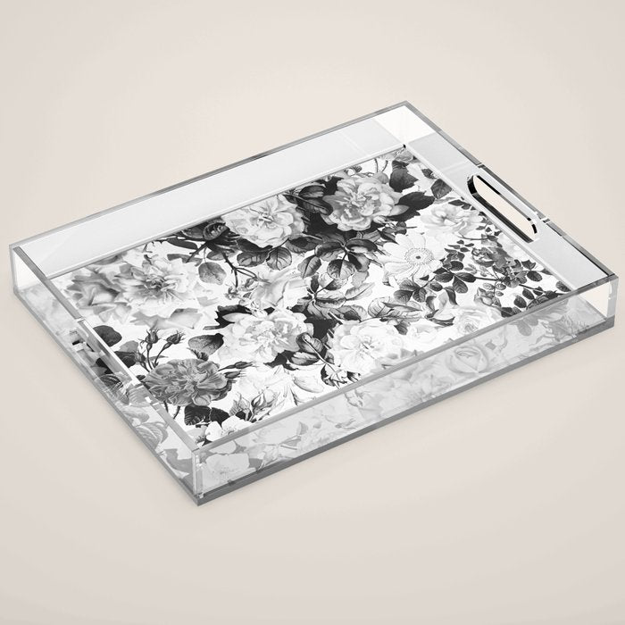 Black gray modern watercolor roses floral pattern Acrylic Tray Gallery Image 1
