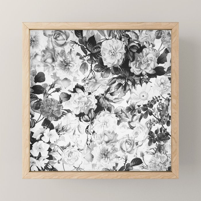 Black gray modern watercolor roses floral pattern Mini Art Print Gallery Image 1