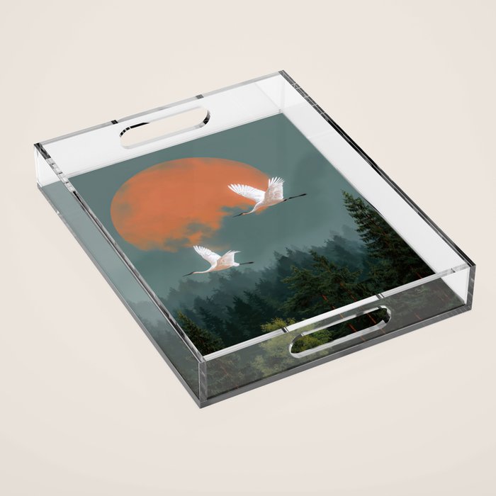 Japanese Painting Heron Poster Sage Green Wabi Sabi Wall Art Japanese Art Japandi Wall Art Acrylic Tray Gallery Image 1
