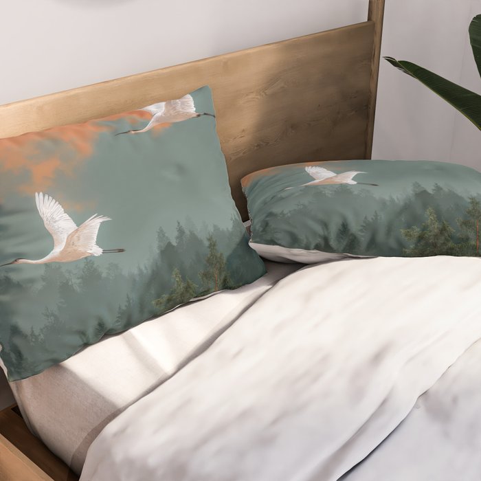 Japanese Painting Heron Poster Sage Green Wabi Sabi Wall Art Japanese Art Japandi Wall Art Pillow Sham Gallery Image 2