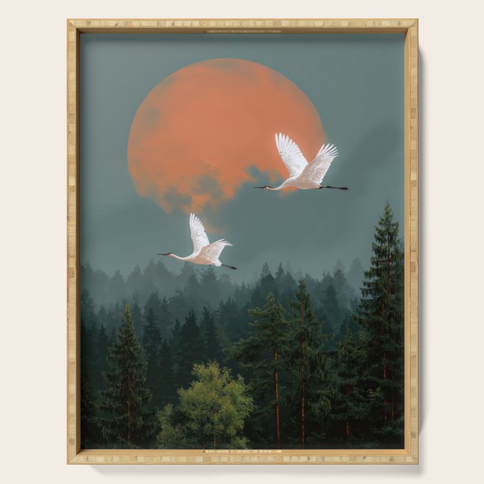 Japanese Painting Heron Poster Sage Green Wabi Sabi Wall Art Japanese Art Japandi Wall Art Serving Tray Gallery Image 1