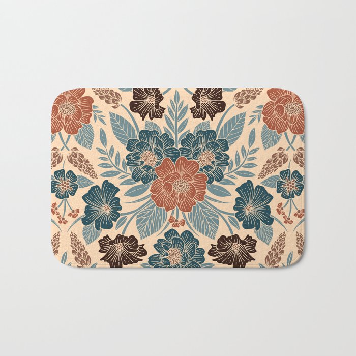 Fall Floral Pattern in Blue, Brown & Rust Bath Mat Gallery Image 1