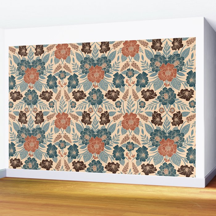 Fall Floral Pattern in Blue, Brown & Rust Wall Mural Gallery Image 2