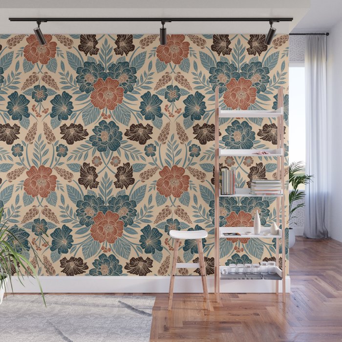 Fall Floral Pattern in Blue, Brown & Rust Wall Mural Gallery Image 1