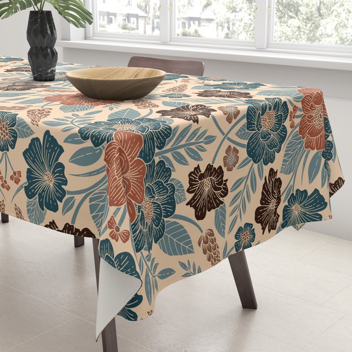 Fall Floral Pattern in Blue, Brown & Rust Tablecloth Gallery Image 3