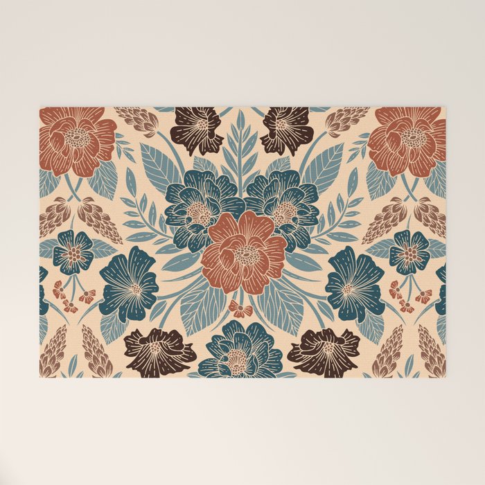 Fall Floral Pattern in Blue, Brown & Rust Welcome Mat Gallery Image 1