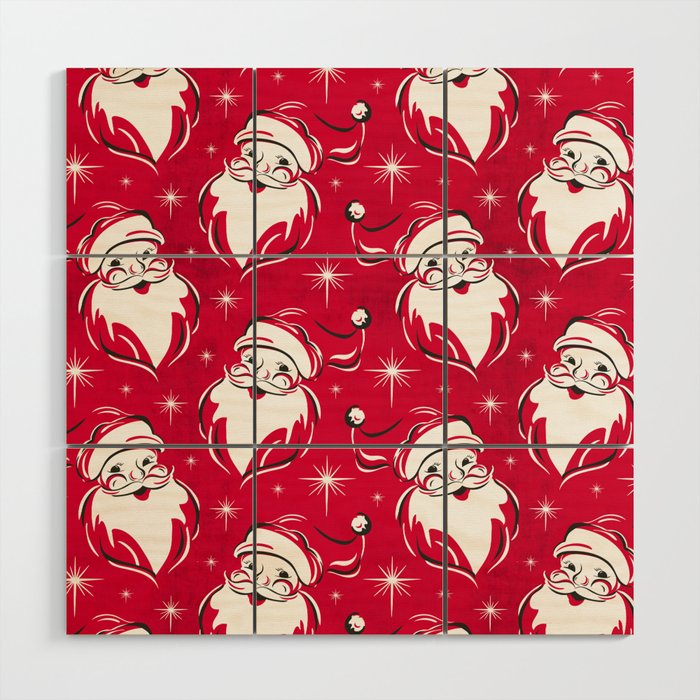 'Tis The Season Retro Santa Red White Pattern Wood Wall Art Gallery Image 1