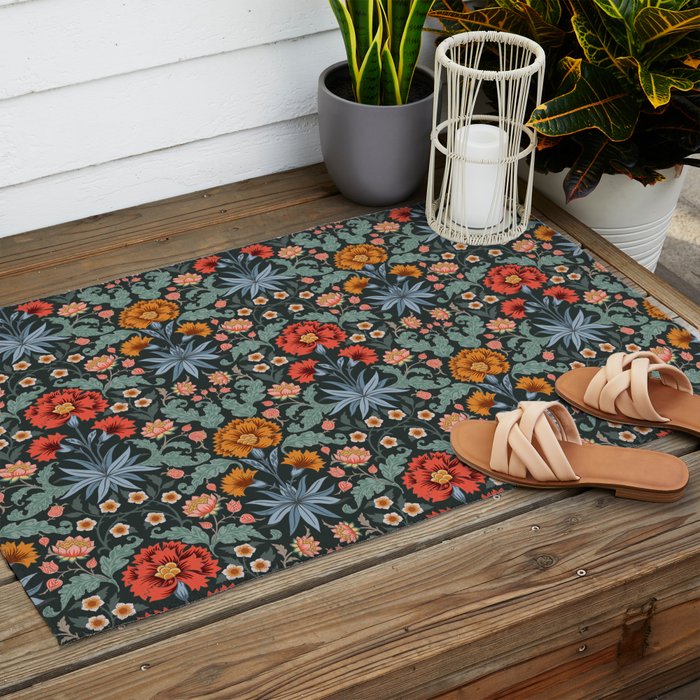 Victorian Carnation in Moody Red and Blue Outdoor Rug Gallery Image 2