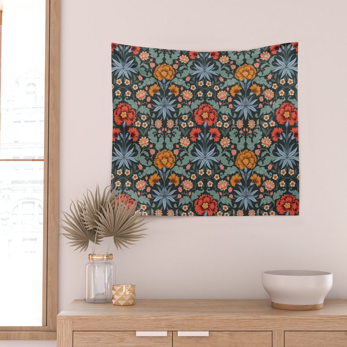 Victorian Carnation in Moody Red and Blue Wall Tapestry Gallery Image 2