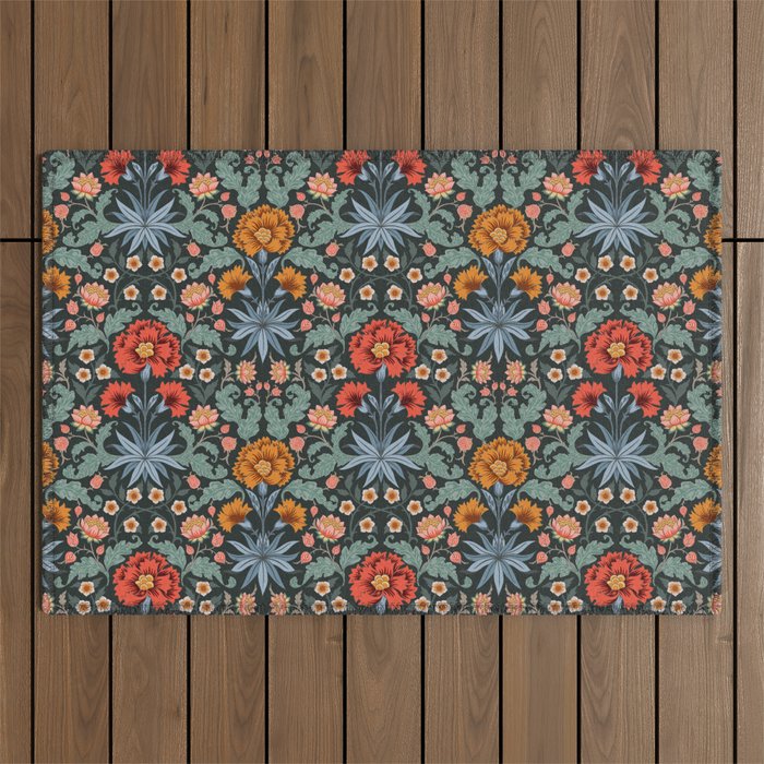 Victorian Carnation in Moody Red and Blue Outdoor Rug Gallery Image 1