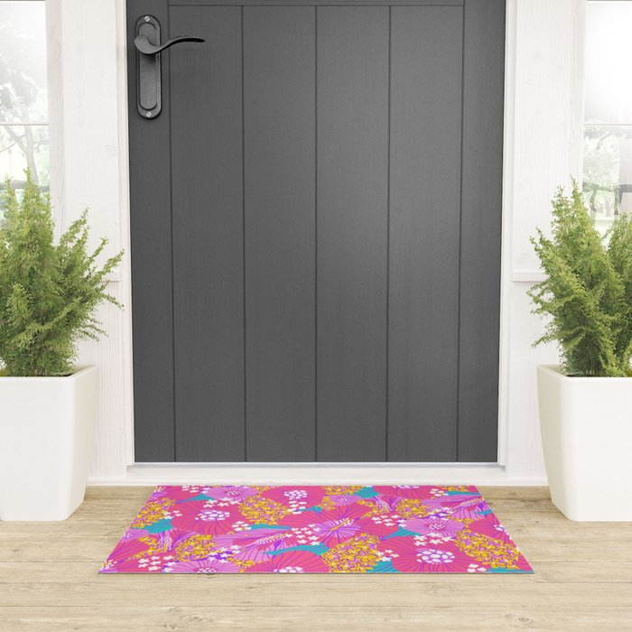 Bold Hibiscus Floral Hot Pink Summer Welcome Mat Gallery Image 3