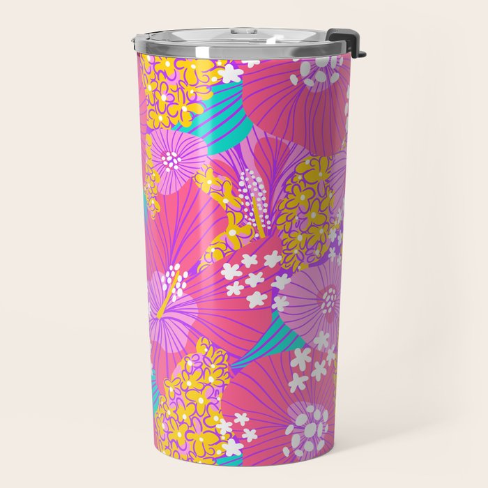 Bold Hibiscus Floral Hot Pink Summer Travel Mug Gallery Image 2