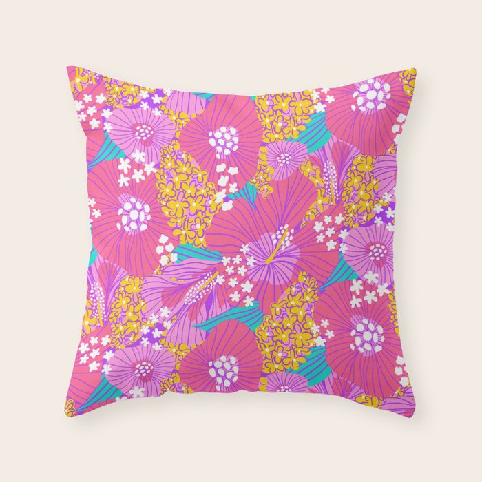 Bold Hibiscus Floral Hot Pink Summer Throw Pillow Gallery Image 1