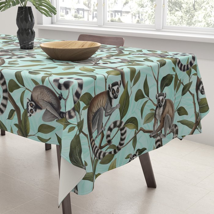 Lush Tropical Lemur Monkey Paradise Turquoise Tablecloth Gallery Image 3
