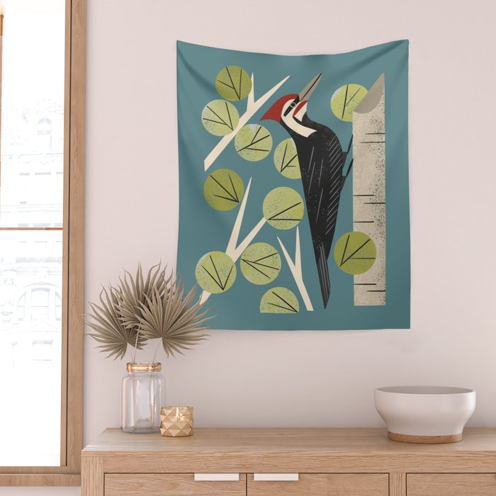 Woodpecker in Aspen Tree Wall Tapestry Gallery Image 2