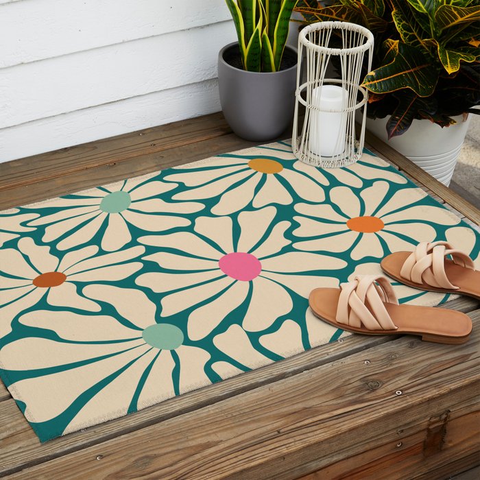 Colors of Joy - Groovy Flowers Green Outdoor Rug Gallery Image 2