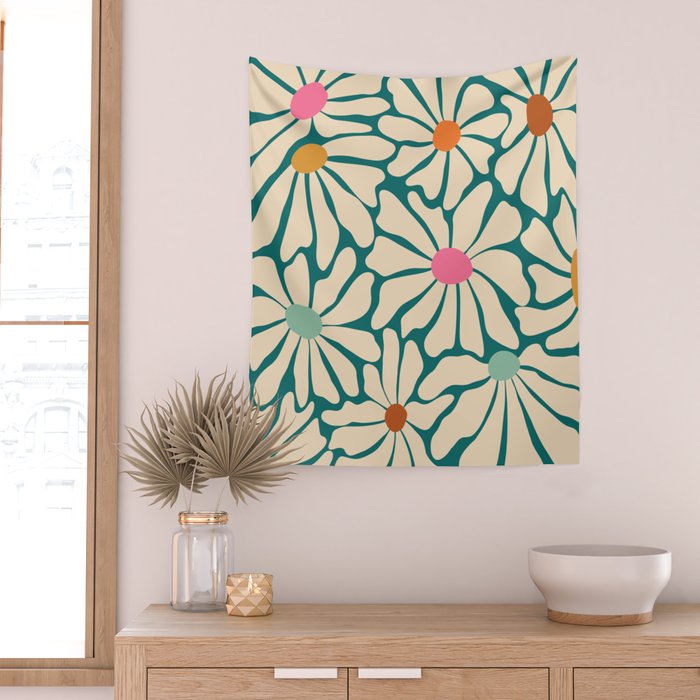 Colors of Joy - Groovy Flowers Green Wall Tapestry Gallery Image 2