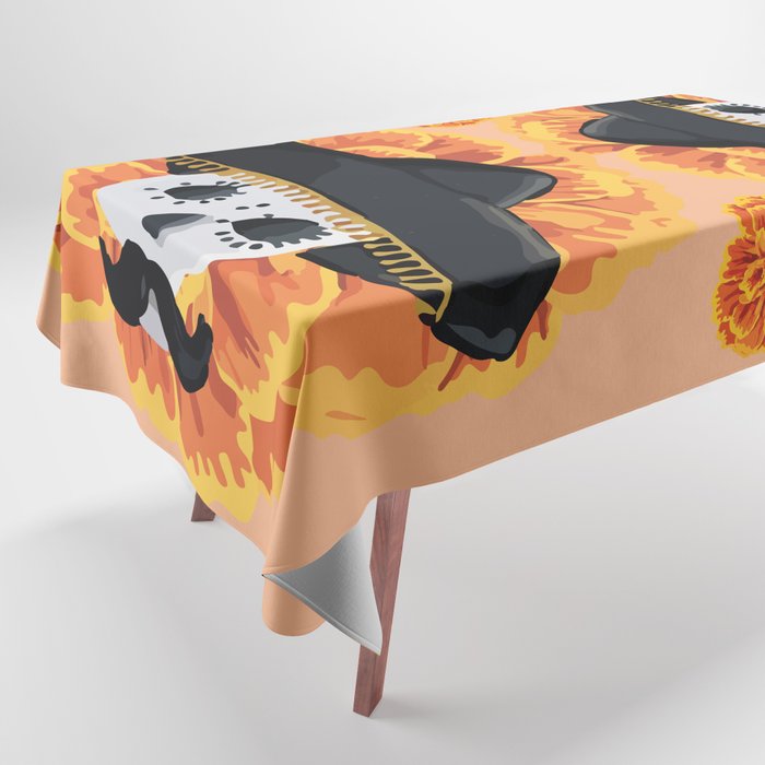 Charro mexican kawaii cute sugar skull mexican style cempasúchil mustache mexican sombrero skeleton  Tablecloth Gallery Image 1