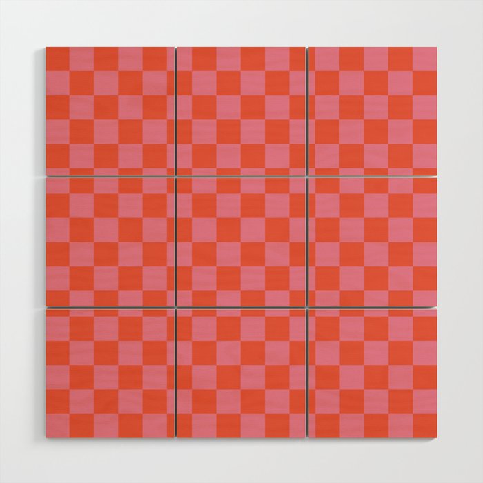 Checkerboard Mini Check Pattern in Hot Pink and Red Orange Wood Wall Art Gallery Image 1