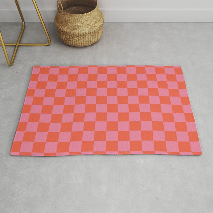 Checkerboard Mini Check Pattern in Hot Pink and Red Orange Rug Gallery Image 1