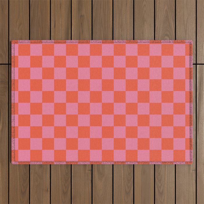 Checkerboard Mini Check Pattern in Hot Pink and Red Orange Outdoor Rug Gallery Image 1