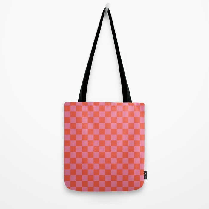 Checkerboard Mini Check Pattern in Hot Pink and Red Orange Tote Bag Gallery Image 2